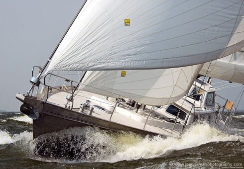 The 54-foot Hutting (Dutch) built custom cutter "Polaris" shows her power on a blustery day. Courtesy of Michael Haferkamp