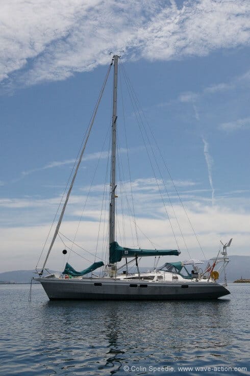 Pelerin is an OVNI 435 designed by Philippe Briand, and built in Les Sables D'Olonne, France in 2007. She is all aluminium construction, and has a lifting keel and rudder to enable her to dry out upright.