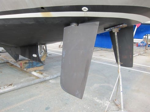 The current trend is towards twin spade rudders, such as this angled pair on an Allures 44. Like the Garcia, the saildrive is protected by a partial skeg.