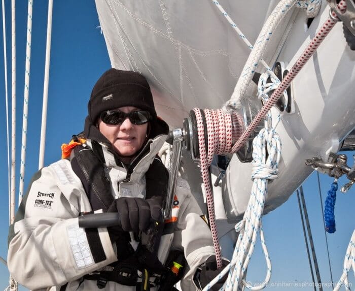 Phyllis is now grinding in the reefing pennant the same 18" that she eased the mail halyard. We have reefing winches on both sides of the boom and the pennants are double ended so that in the case of the 2nd and 3rd reefs, you can always reef standing to windward. However, the first reef is dead ended at the boom end to keep the clutter under control and because some fumble fisted idiot dropped one of the boom sheaves in the ocean when removing it for service. (I look at the silly SOB every morning when I shave.)