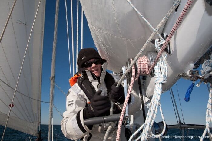 Every so often, Phyllis takes the slack out of the 2nd and 3rd reef pennants so they don't get jammed in the bunt of the sail.