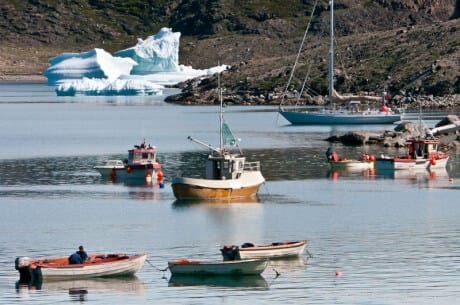 Expedition Sailboat Morgan's Cloud anchored off a West Greenland village