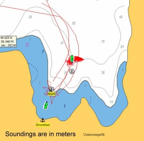 Chart showing tracks made by Morgan's Cloud in a West Greenland anchorage