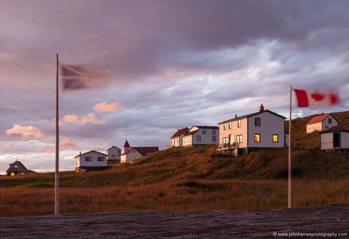 Dusk comes to the restored fishing station at Battle Harbour.