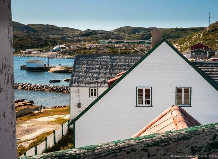 The view from the belfry of the restored Moravian mission building at the Inuit settlement of Hopedale.