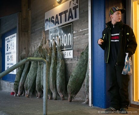 A young Greenlandic man standing outside the store, which is selling imported Christmas trees, an incongruity we thought in this treeless land. We chatted a bit as he tried out his very good English, learned from movies and computer games.