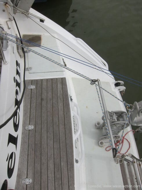 Keep all leads on the control lines simple, chafe free and without extreme angles that can generate excessive friction. The only need is to remove the slack, not overtighten them. Peter recommends using a simple clam cleat in an appropriate place in one of the lines to provide adjustment. Finding the best route for the control lines obviously makes sense, not least to ensure that lockers can still be opened when the vane is in action. As the large locker in the foreground contains our liferaft and grab bags, that was critical for us.