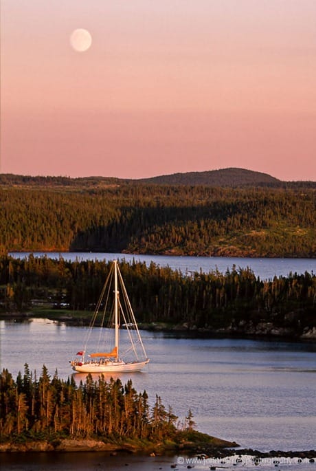 "Morgan's Cloud" lies at anchor in the glow of the setting sun and the rising moon at Maidens Arm, a very sheltered and uninhabited anchorage on the Great Northern Peninsula. Though uninhabited by people, we had lots of company from otters, moose and birds.