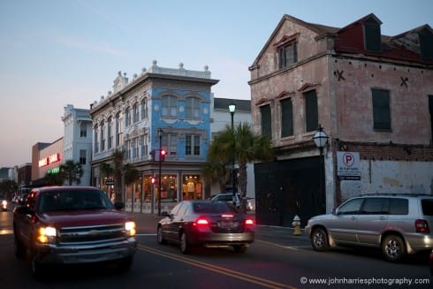 OK, Charleston is not just flowers, window boxes and gas lights. Like most cities it has abandoned buildings and pickup trucks too. Not generally very interesting subjects. But early evening, with the lights and ambient light balanced, makes it more interesting, as does the contrast between the boarded up building and the well kept ornately decorated building with the brightly lit store. Once again, strong diagonals add to the image.