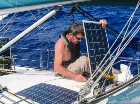 Mid Atlantic repairs - changing a delaminating solar panel that was shorting to the deck.