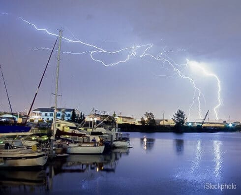 Thunderstorm Lightning Over Thea Foss Waterway Boats Tacoma Wash