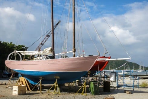 Carriacou wooden sloops being prepared for the season