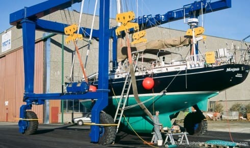 S/V Morgan's Cloud in the slings at the Selfa Arctic boatyard at Rødskjær.