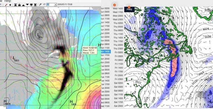 GFS on the right, PredictWind on the right. Time of frontal passage at Halifax is 5 hours different even though model is only 24 hours old.