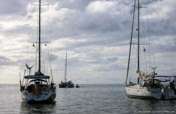 Anchored stern to, Wallilabou Bay, St. Vincent.