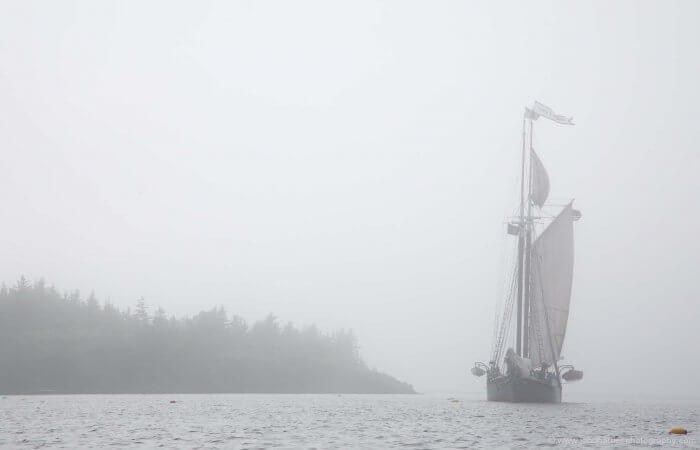 Fog overtakes this schooner in Maine.